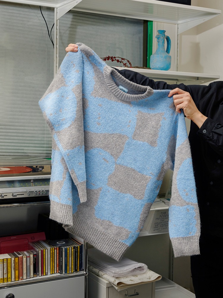 Alpaca Checker Knit Sweater - Mellow Sky Blue &amp; Grey